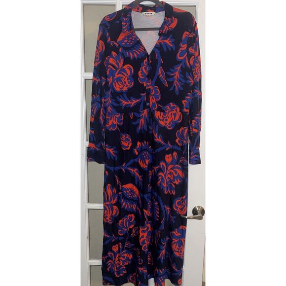 Boden Laura Jersey Midi Shirt Dress Size 16L Navy Red Floral Pattern with Belt - Picture 2 of 9